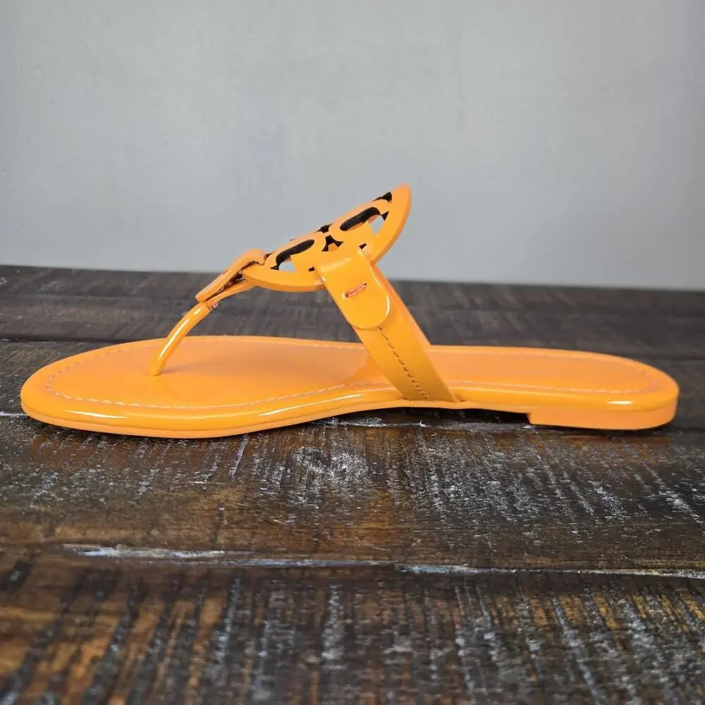 NEW Tory Burch Metal Miller Leather Womens Size 6 Logo Sandal Flip Flops Orange